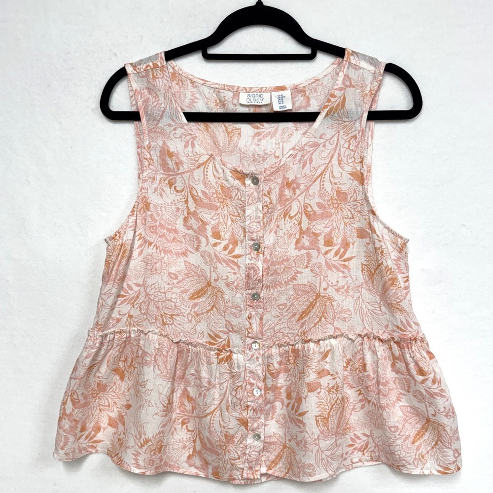 Sigrid Olsen Linen Blouse, Sz Medium, Pink Orange Floral Sleeveless Peplum